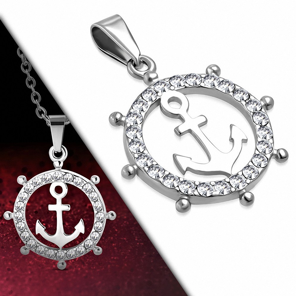 Pendentif roue de bateau pavée de strass avec une ancre marine