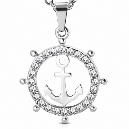 Pendentif roue de bateau pavée de strass avec une ancre marine