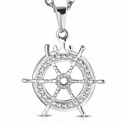 Pendentif roue de bateau pavé de strass en acier inoxydable