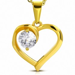 Pendentif en acier doré en forme de cœur avec un zirconium