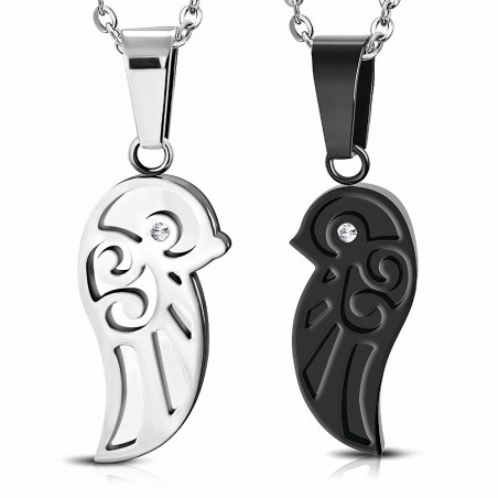 Pendentif couple deux parties ailes d'oiseaux argenté et noir