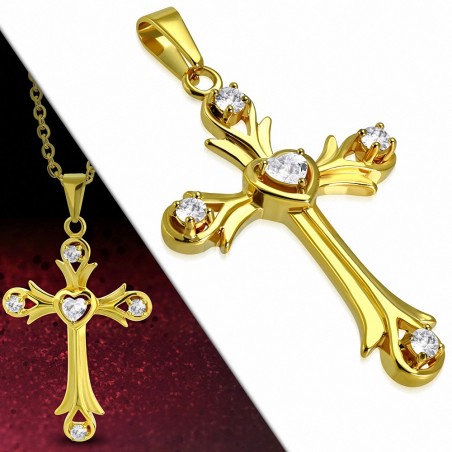 Pendentif croix avec cœur en acier inoxydable doré