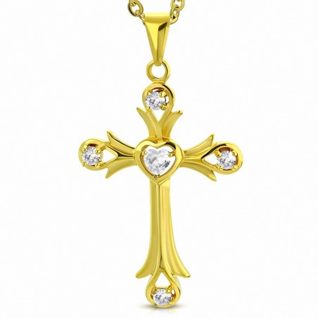 Pendentif croix avec cœur en acier inoxydable doré