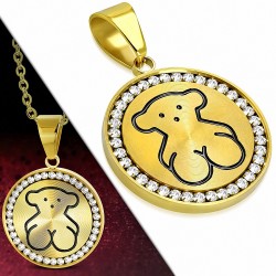 Pendentif en acier doré cercle pavé de strass avec ourson