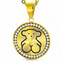 Pendentif en acier doré cercle pavé de strass avec ourson