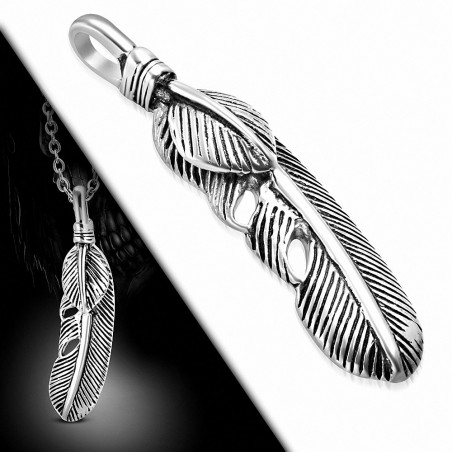 Pendentif homme biker plume et feuille en acier inoxydable