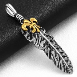 Pendentif homme biker plume argentée et fleur de lys dorée