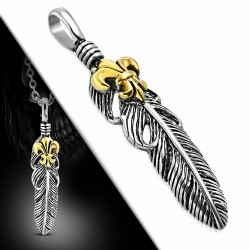 Pendentif homme biker plume argentée et fleur de lys dorée