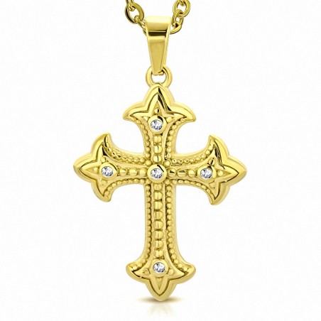 Pendentif croix fleur de lys  strass en acier inoxydable doré