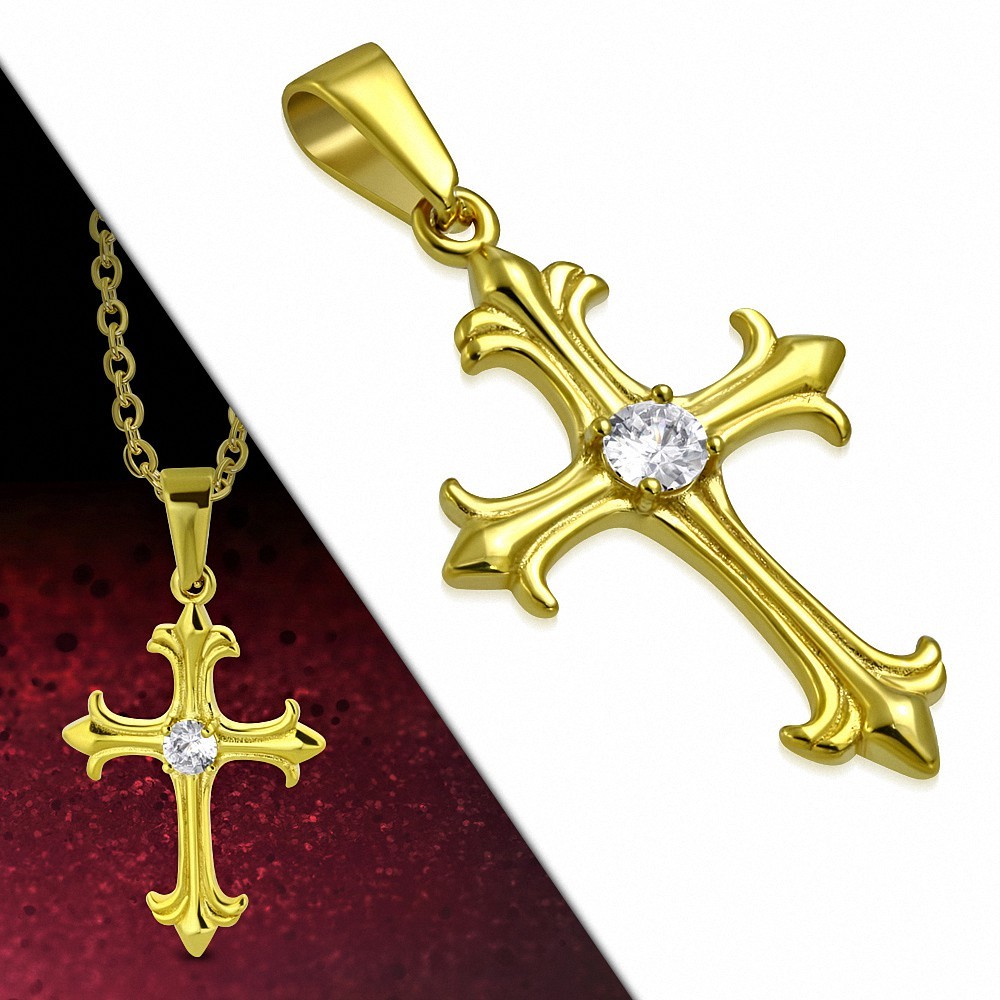 Pendentif charm croix fleur de lys avec strass en acier doré