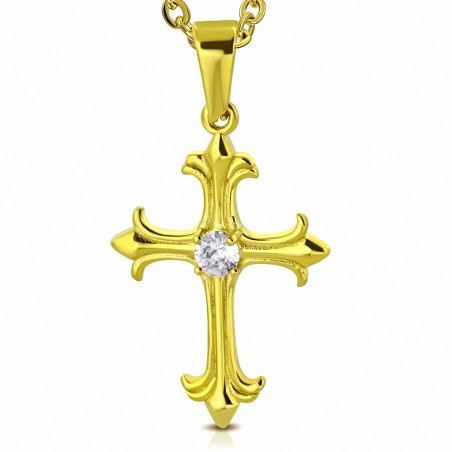 Pendentif charm croix fleur de lys avec strass en acier doré