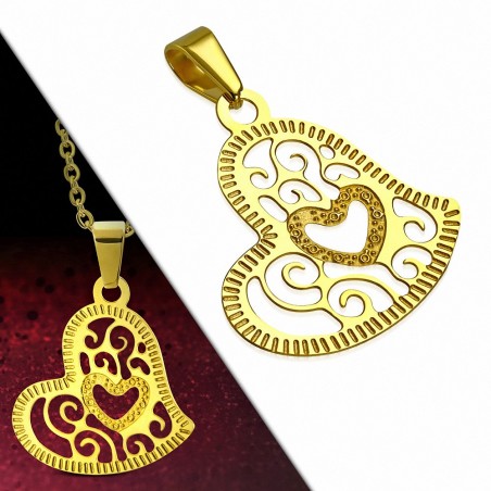 Pendentif cœur motif filigrane spirales en acier inoxydable doré