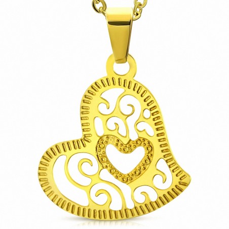 Pendentif cœur motif filigrane spirales en acier inoxydable doré