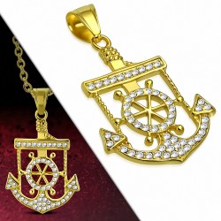 Pendentif barre et ancre marine pavée de strass en acier doré