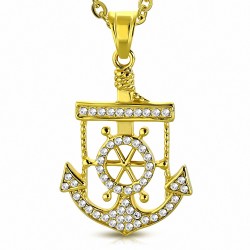 Pendentif barre et ancre marine pavée de strass en acier doré