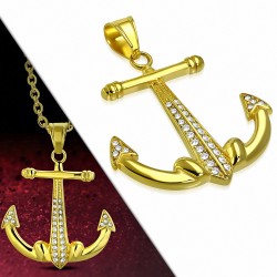 Pendentif ancre marine en acier doré pavée de gemmes