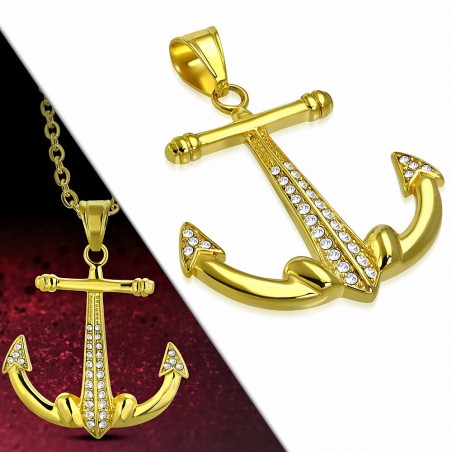 Pendentif ancre marine en acier doré pavée de gemmes