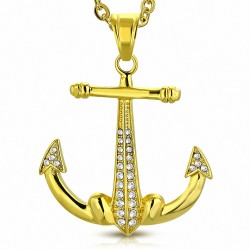 Pendentif ancre marine en acier doré pavée de gemmes