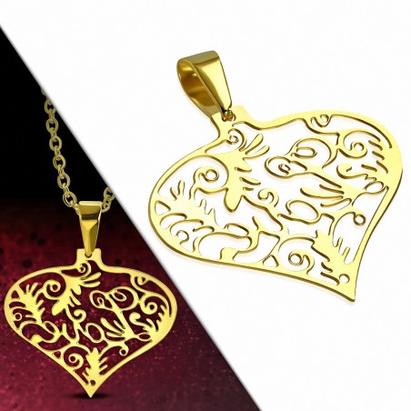 Pendentif cœur en acier doré avec motif filigrane