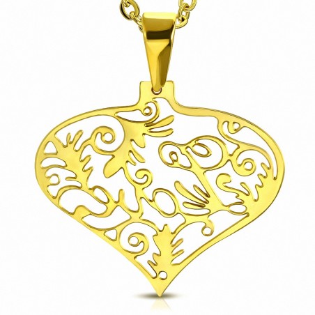 Pendentif cœur en acier doré avec motif filigrane