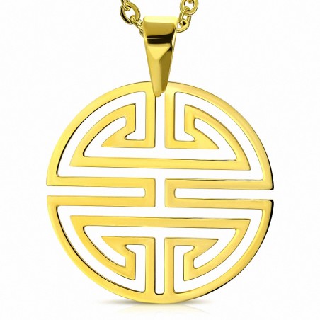 Pendentif cercle en acier doré avec motif labyrinthe