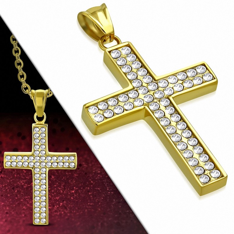 Pendentif croix latine en acier doré serti de pierres zirconium