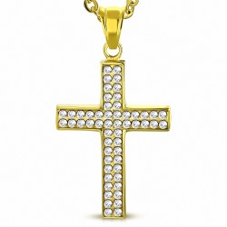 Pendentif croix latine en acier doré serti de pierres zirconium