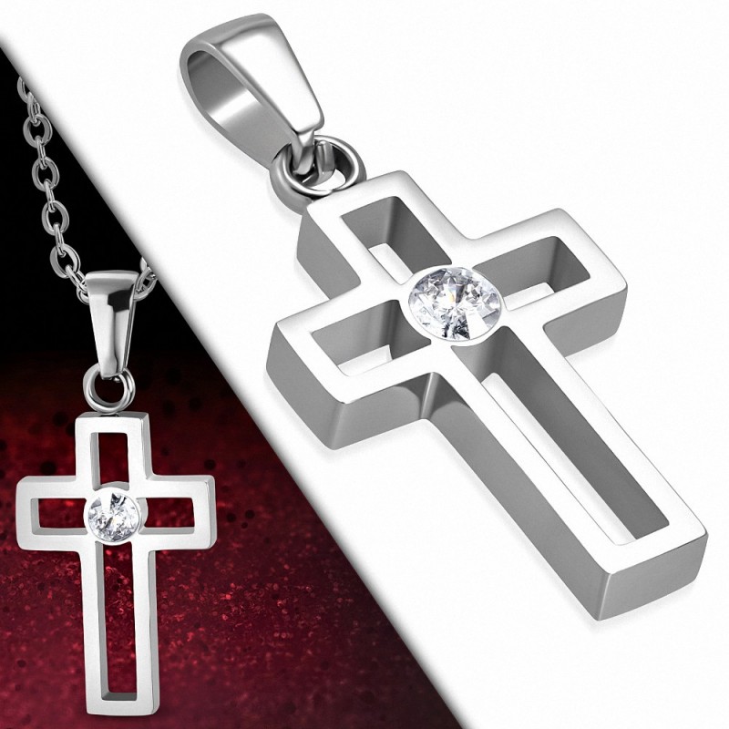 Pendentif croix latine découpe serti d'un gemme blanc
