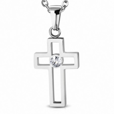 Pendentif croix latine découpe serti d'un gemme blanc