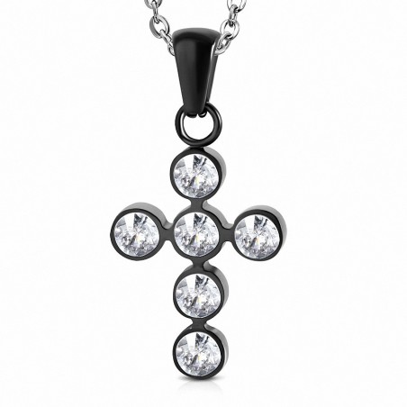 Pendentif croix florale en acier noir serti de 6 pierres zircon