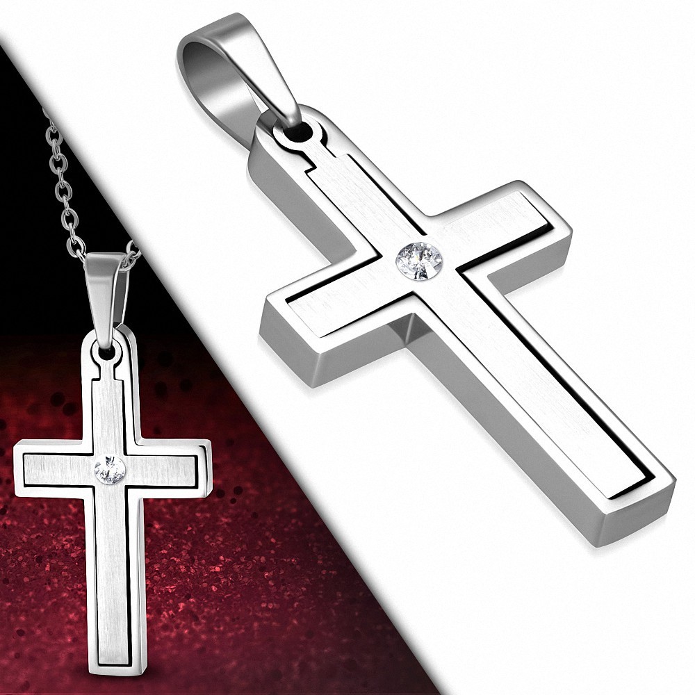 Pendentif croix latine en acier inoxydable avec strass