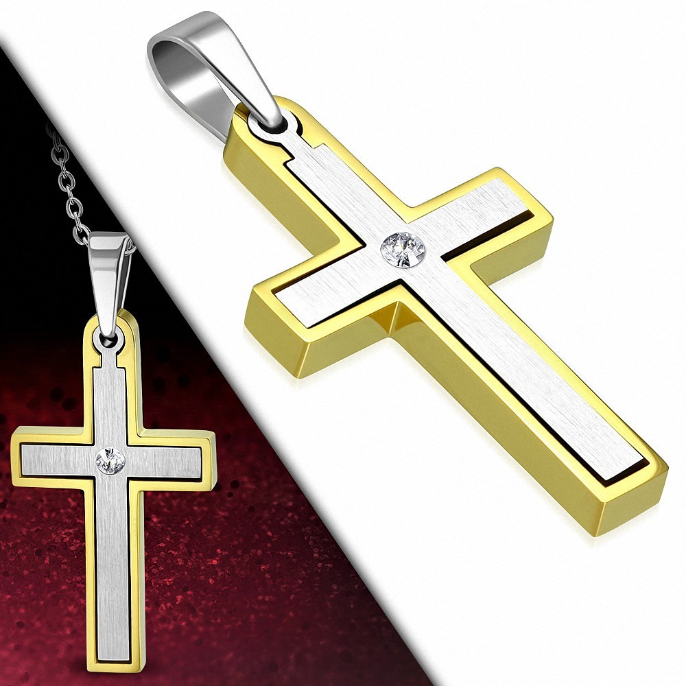 Pendentif croix latine en acier inoxydable contour doré avec strass