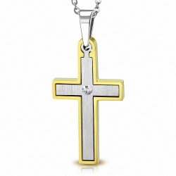 Pendentif croix latine en acier inoxydable contour doré avec strass