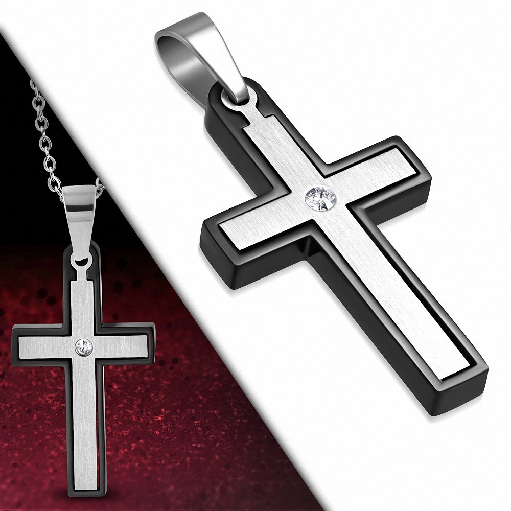 Pendentif croix latine en acier inoxydable contour noir avec strass