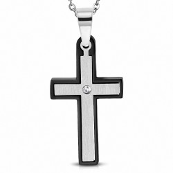 Pendentif croix latine en acier inoxydable contour noir avec strass