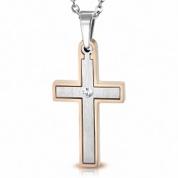 Pendentif croix latine en acier inoxydable contour or rosé avec strass