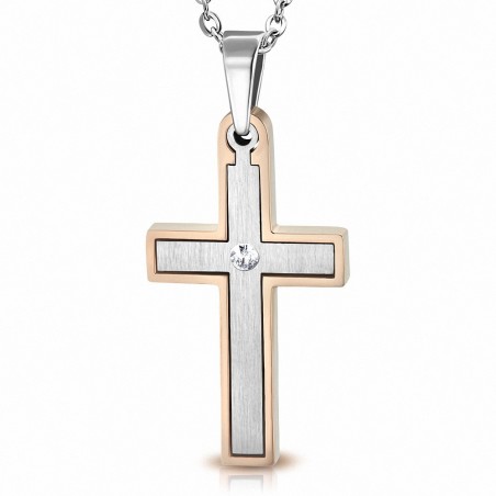 Pendentif croix latine en acier inoxydable contour or rosé avec strass