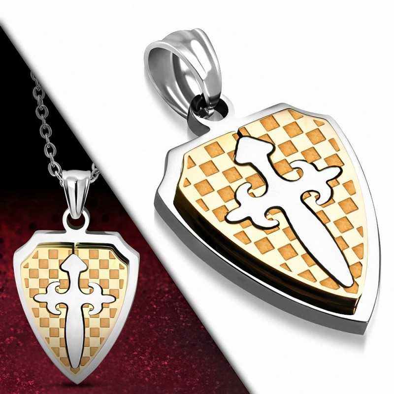 Pendentif homme bouclier damier avec croix fleur de lys orange