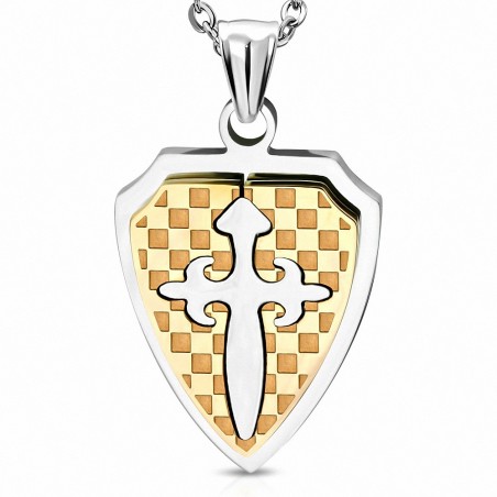 Pendentif homme bouclier damier avec croix fleur de lys orange