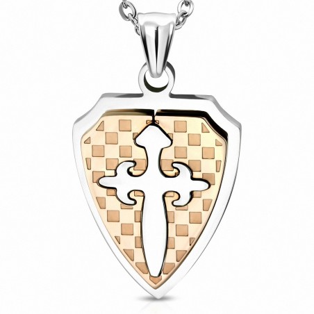 Pendentif homme bouclier damier avec croix fleur de lys beige