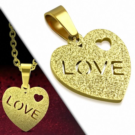 Pendentif cœur en acier doré LOVE avec aspect sablé