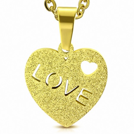 Pendentif cœur en acier doré LOVE avec aspect sablé