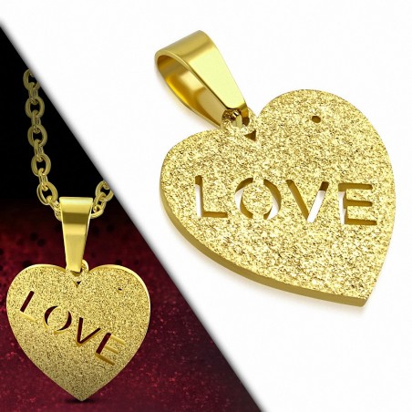 Pendentif cœur en acier doré LOVE avec finition sablée