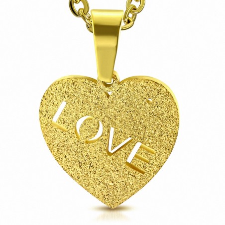 Pendentif cœur en acier doré LOVE avec finition sablée