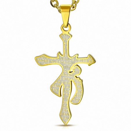 Pendentif signe astrologique verseau en acier doré avec prières