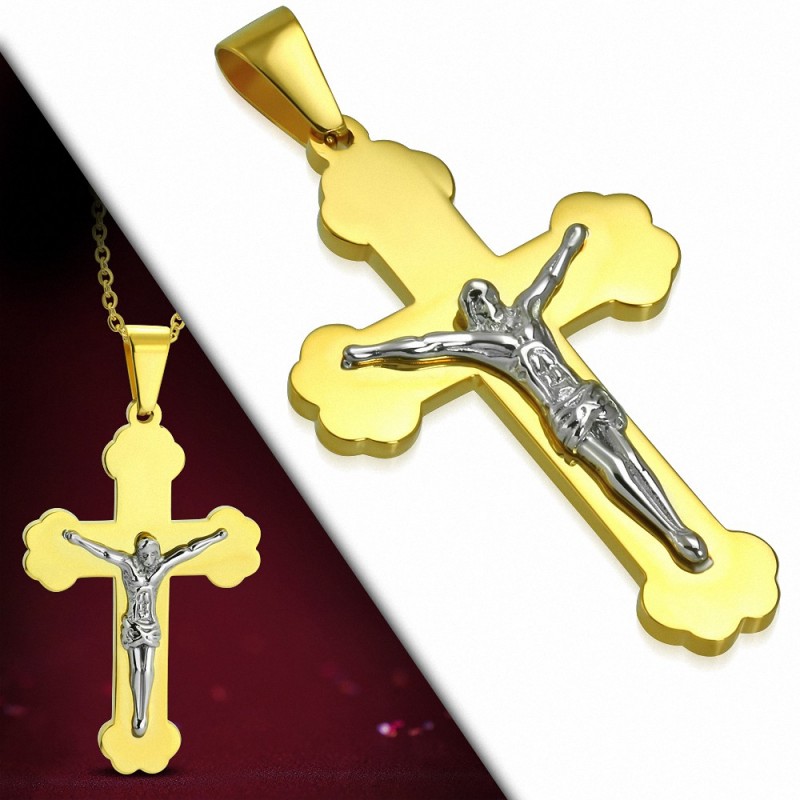 Pendentif croix religieuse avec crucifix en acier inoxydable doré