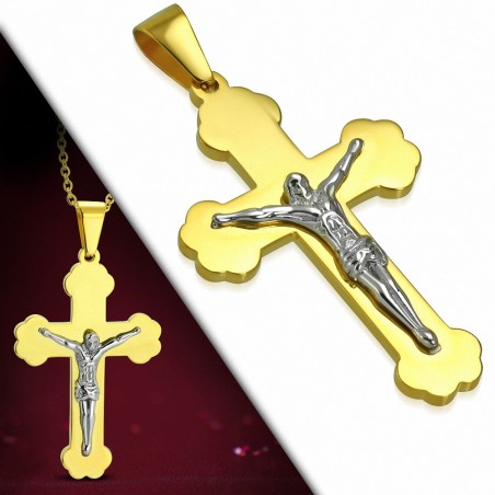 Pendentif croix religieuse avec crucifix en acier inoxydable doré