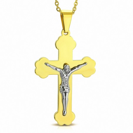 Pendentif croix religieuse avec crucifix en acier inoxydable doré