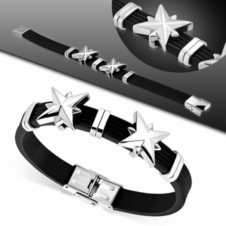 Bracelet en caoutchouc noir avec étoiles brillantes en acier