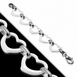 Bracelet cœurs en céramique blanc avec liens en acier inoxydable